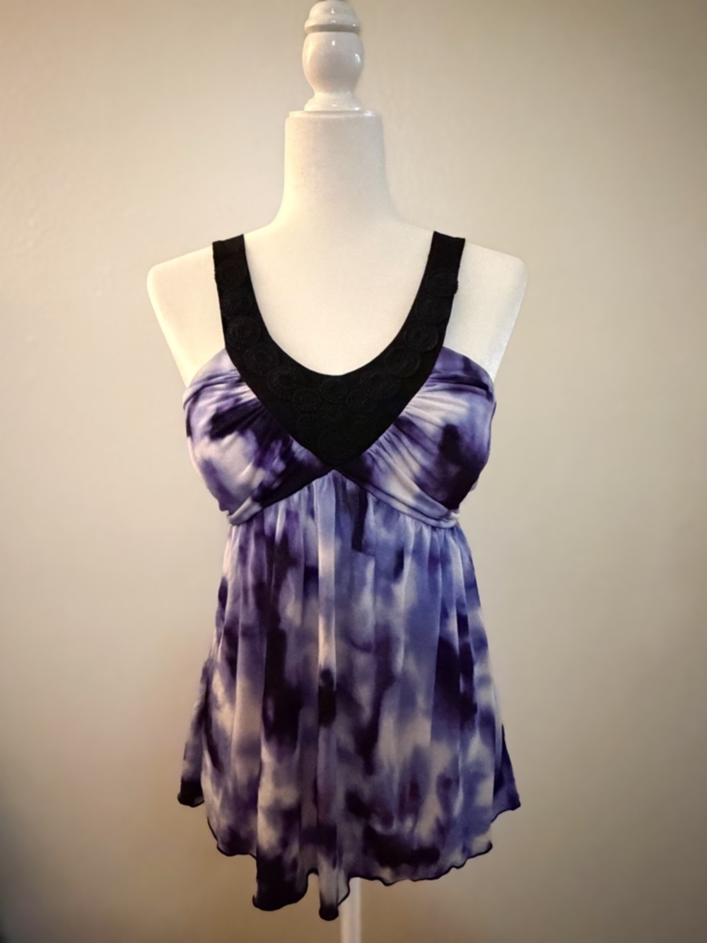 Vintage Y2K IZ Byer Purple Tie Dye Babydoll Top Crochet Straps XL